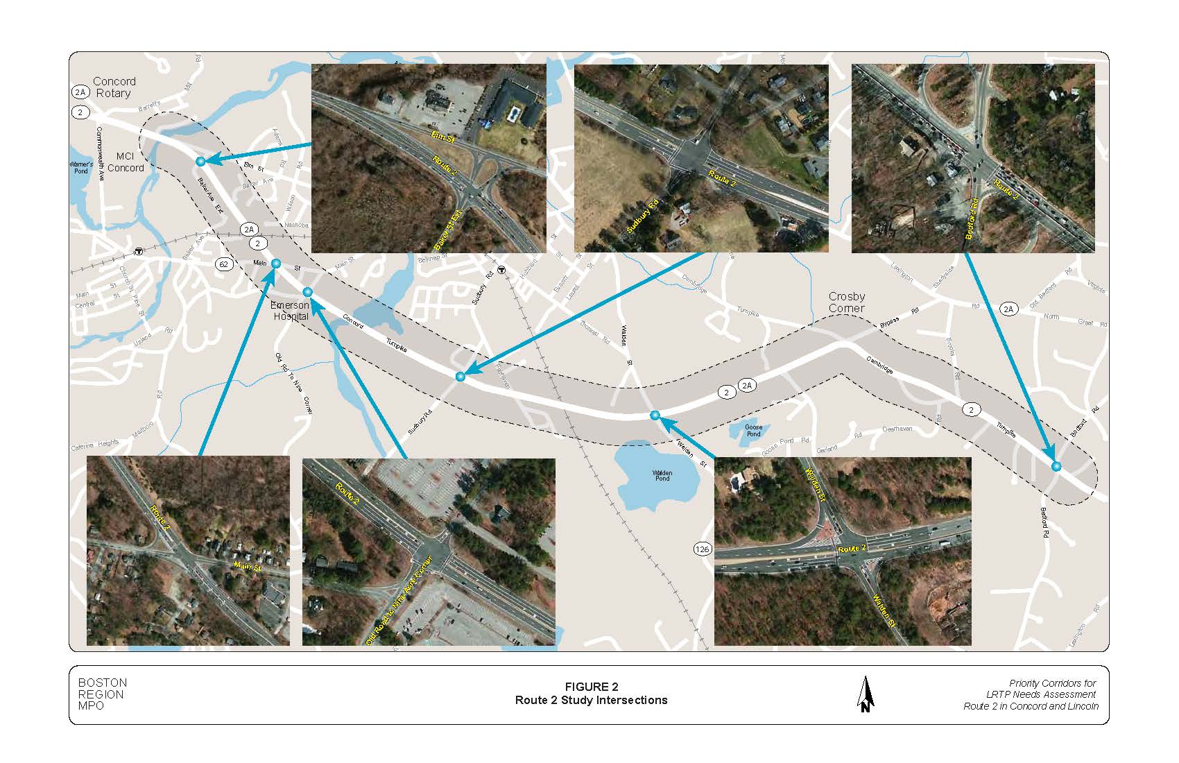 Figure 2 is a combination of maps and aerial photos that show the six intersections on Route 2 whose traffic signals were retimed.
